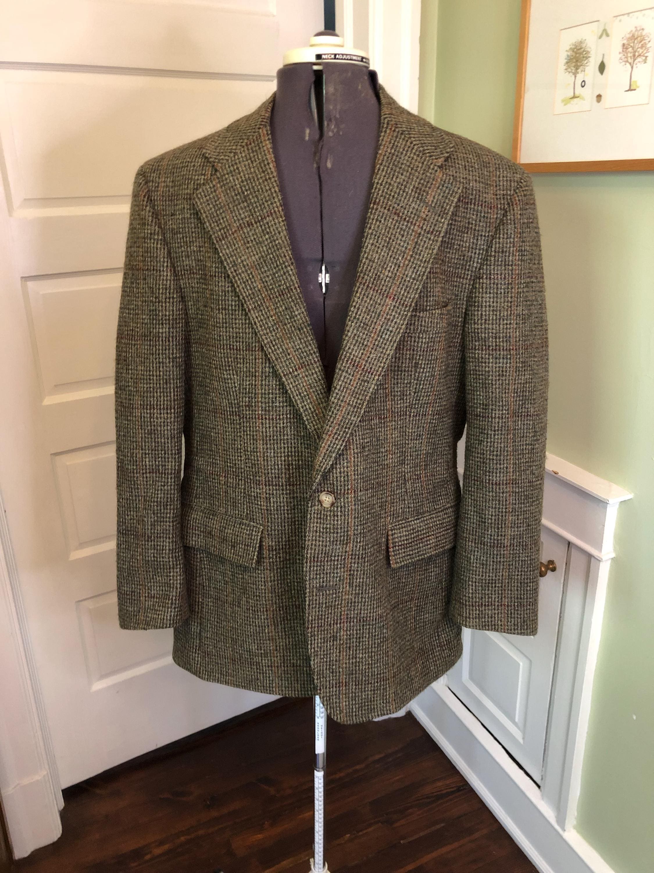 Harris Tweet Olive Green and Rust Plaid Sport Coat With Flap