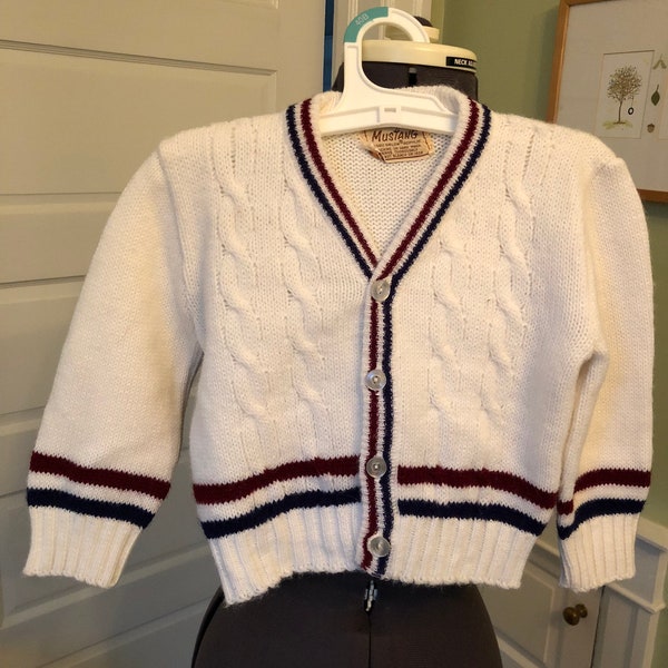 70s Boy's White Acrylic Long Sleeved Cardigan Sweater with Navy and Maroon Stripes by Mustang | Boy's Size