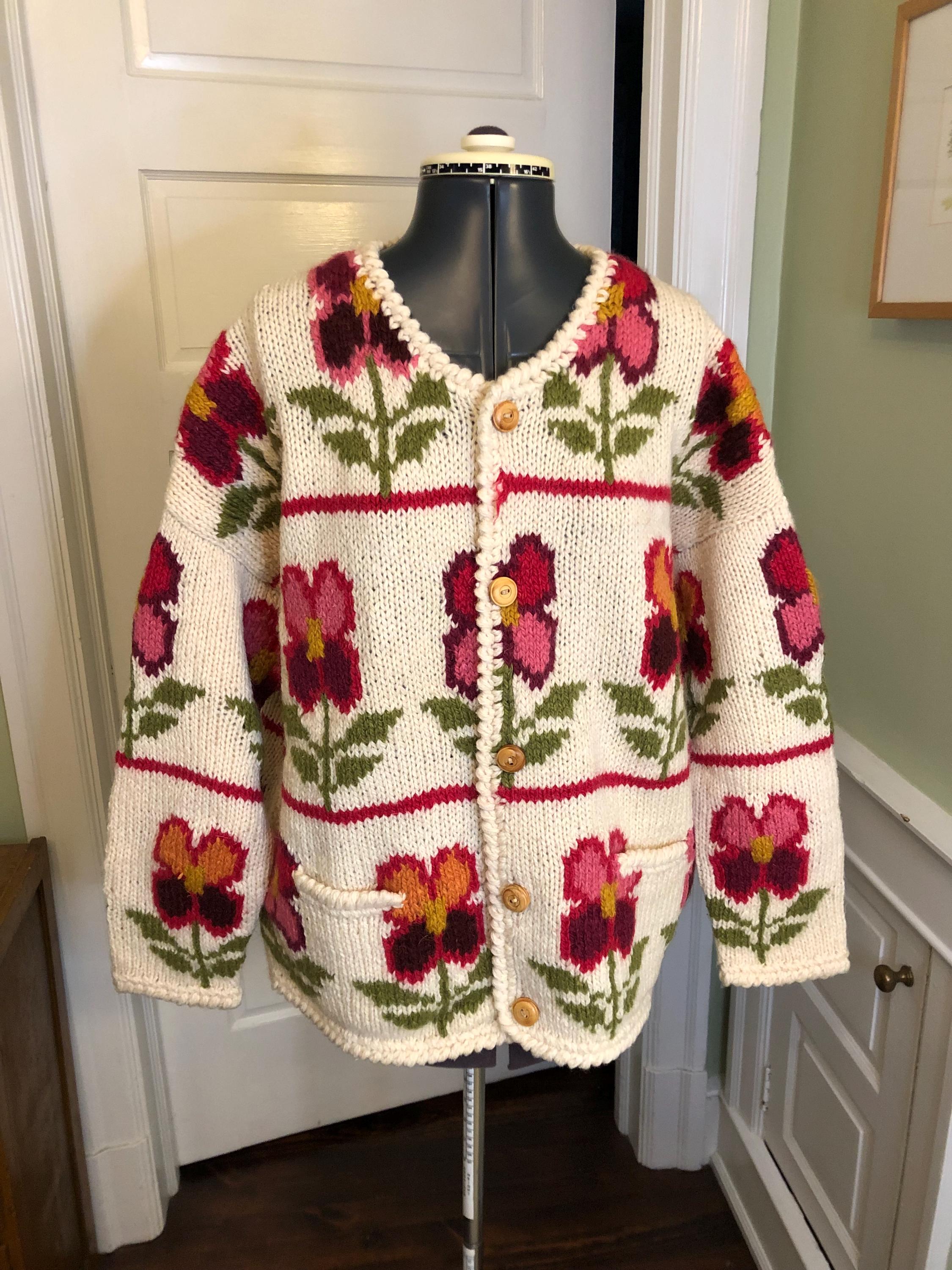 90s Ivory Wool With Hand Knit Pink Flowers Oversized Long Sleeve