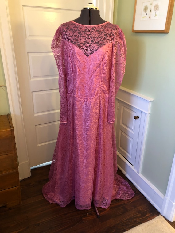 90s Pink Lace Long Sleeved Prom Dress or Formal w… - image 2