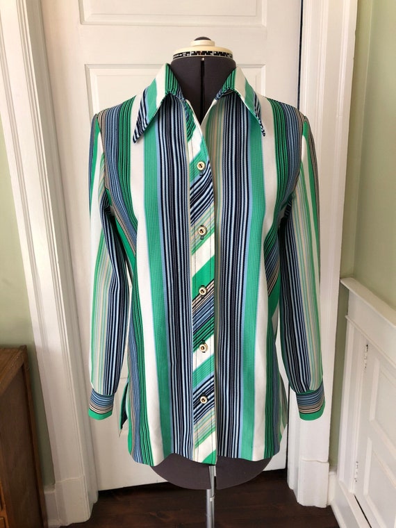 70s Blue and Green Striped Double Knit Button Dow… - image 1