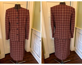 80s Red Navy and Beige Plaid Wool Blend Suit Jacket and Skirt Set by Leslie Fay Sportswear | Size Large