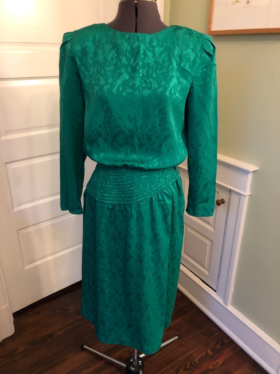 80s Emerald Green Polyester Long Sleeved Dress wi… - image 5