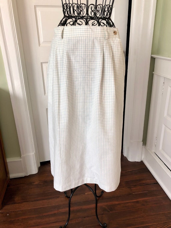 70s-80s White and Green Check Linen Look Skirt wit
