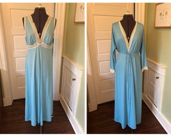 Camicia da notte senza maniche lunga in nylon blu Vanity Fair anni '70 e vestaglia a maniche lunghe Set / Taglia Grande