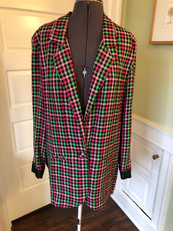 90s Rayon Pink, Green and Black Plaid Long Sleeve… - image 2