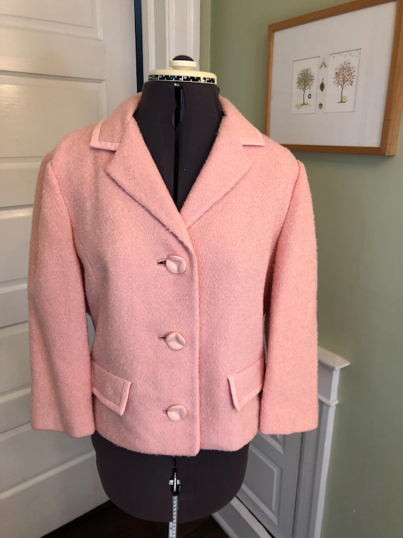 60s Pink Boucle Wool Short 3/4 Sleeve Blazer With Faux Pocket