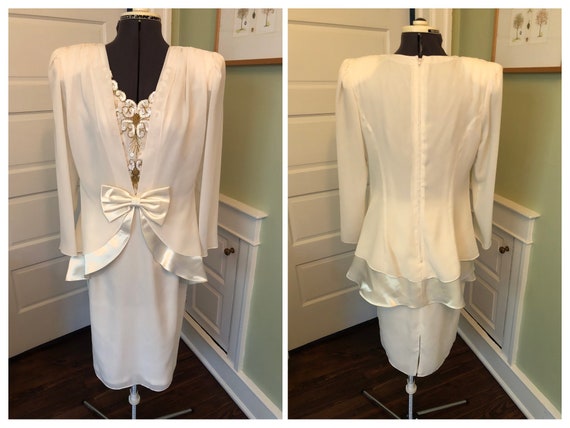 80s Off-White Crepe Chiffon Long Sleeved Dress wi… - image 1