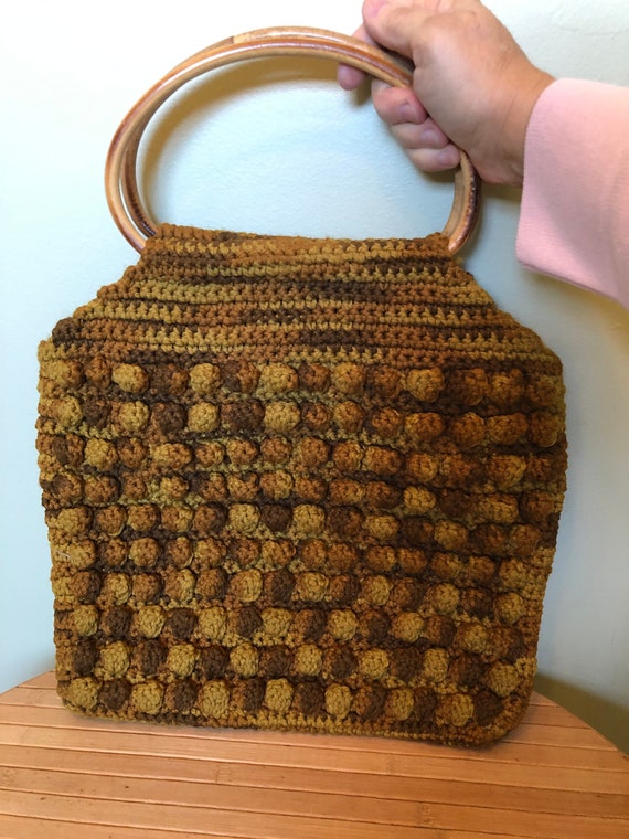 70s Large Gold and Brown Variegated Macrame Bubbl… - image 2