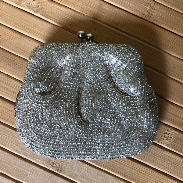 Vintage Silver Beaded Coin Purse with Snap Clasp