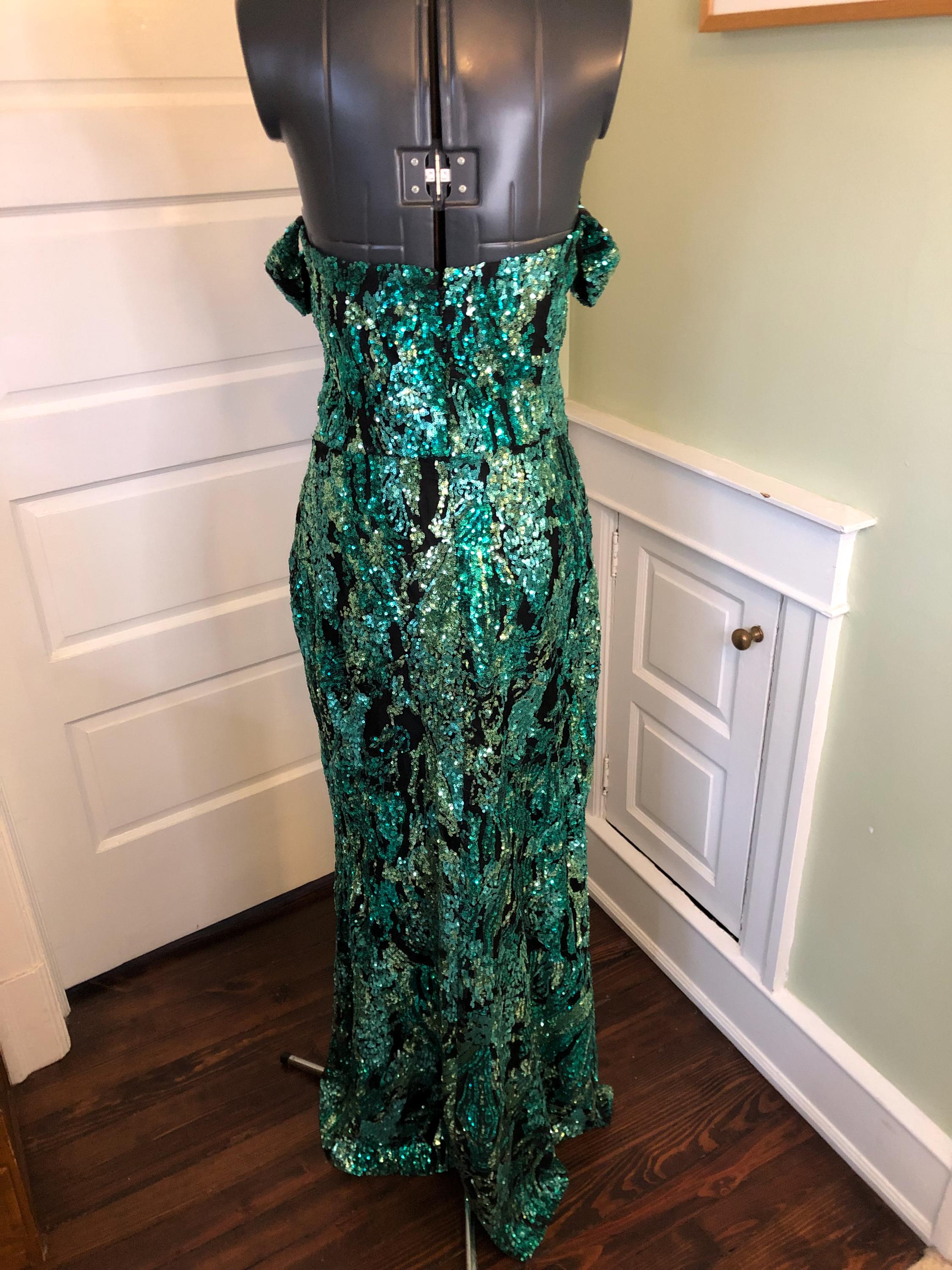 90s Black With Three Colors of Green Sequins Formal Gown Long Dress With Drop Shoulders by Alyce Black Label | Size Medium