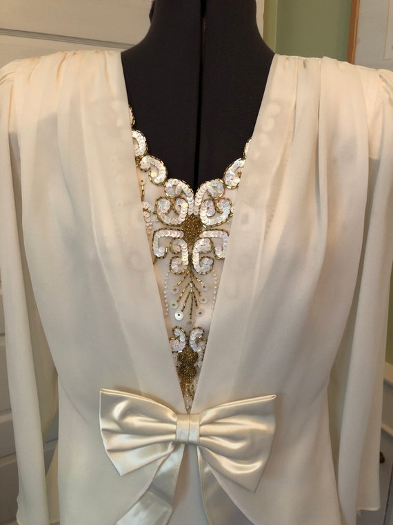 80s Off-White Crepe Chiffon Long Sleeved Dress wi… - image 3