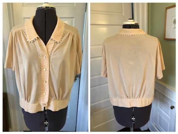 50s Nylon Knit Short Sleeve Beige Cropped Blouse … - image 1