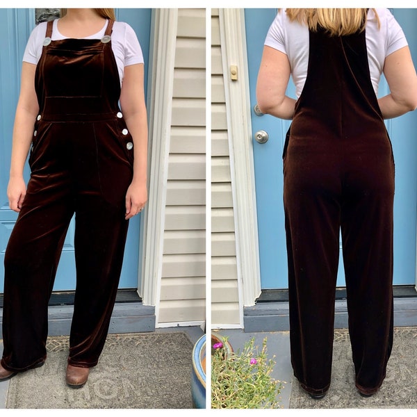 90s Brown Stretch Velvet Overalls with Shell Buttons and Pockets by California Concepts | Size Medium