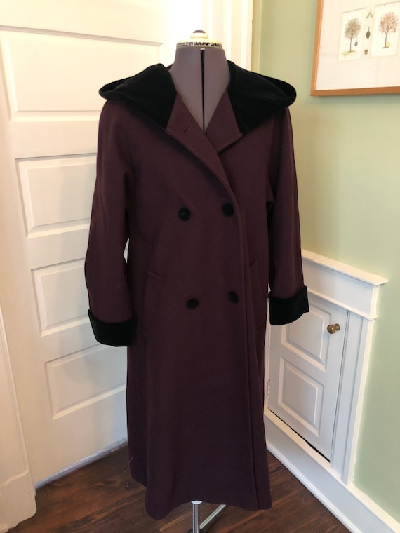 90s Halston Aubergine or Eggplant Wool Dress Coat… - image 1