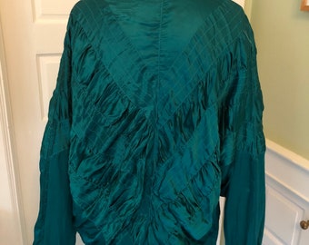 80s Emerald Green Silk Oversized Zipper Jacket With Gathered and