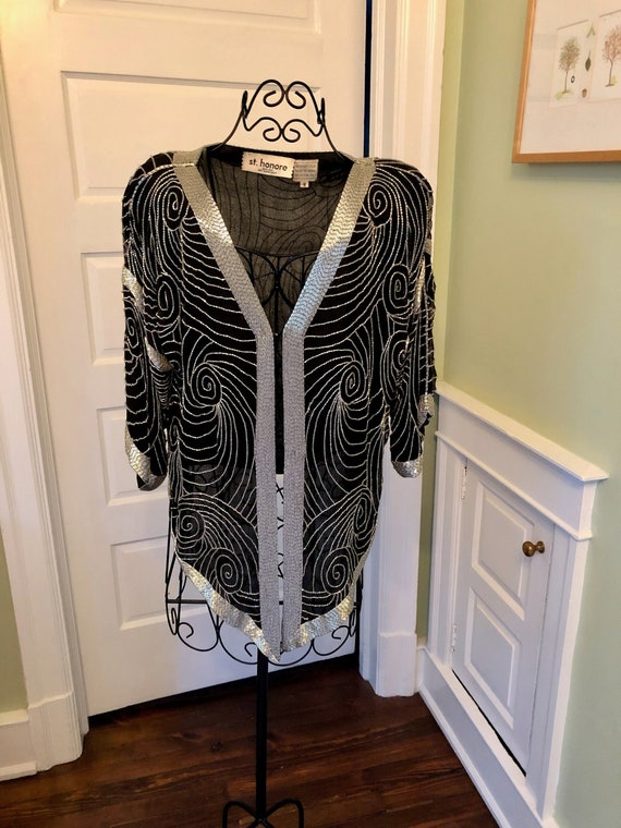 80s Black Silk Silver Beaded Evening Jacket With Half Sleeves by St. Honore Size Medium Etsy Ireland