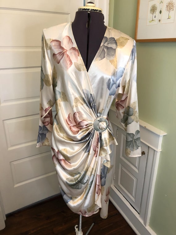 80s Beige Satin Floral Print Long Sleeve Wrap Dress with Belt and Drape by Variations Ltd. || Size Small