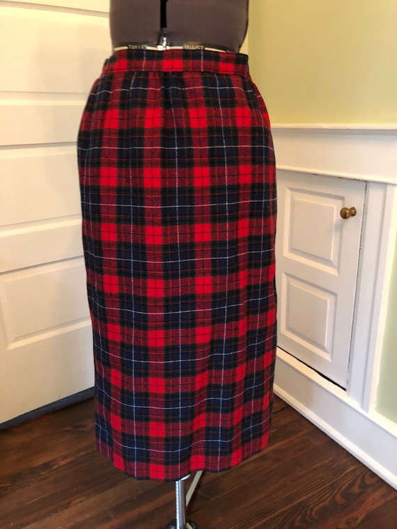 80s Virgin Wool Plaid Straight Skirt in Red, Navy 