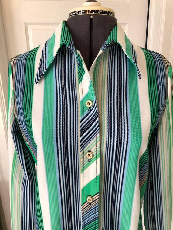 70s Blue and Green Striped Double Knit Button Dow… - image 2