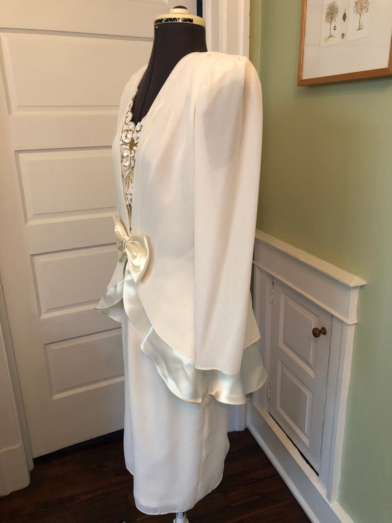 80s Off-White Crepe Chiffon Long Sleeved Dress wi… - image 5