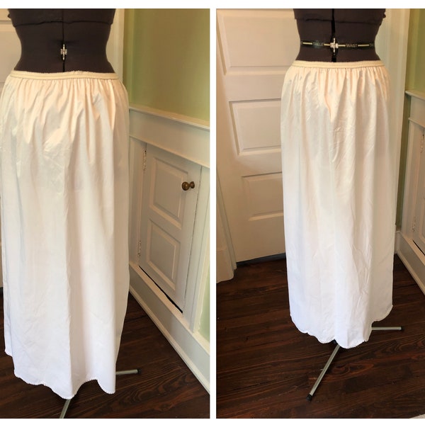 70s Komar Off-White Long Half or Skirt Slip with High Side Slit and Scalloped Lace Hemline | Size Large