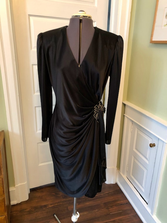 black jersey knit wrap dress 80s Polyester Long Sleeved V-neck With Sequin and Beaded 