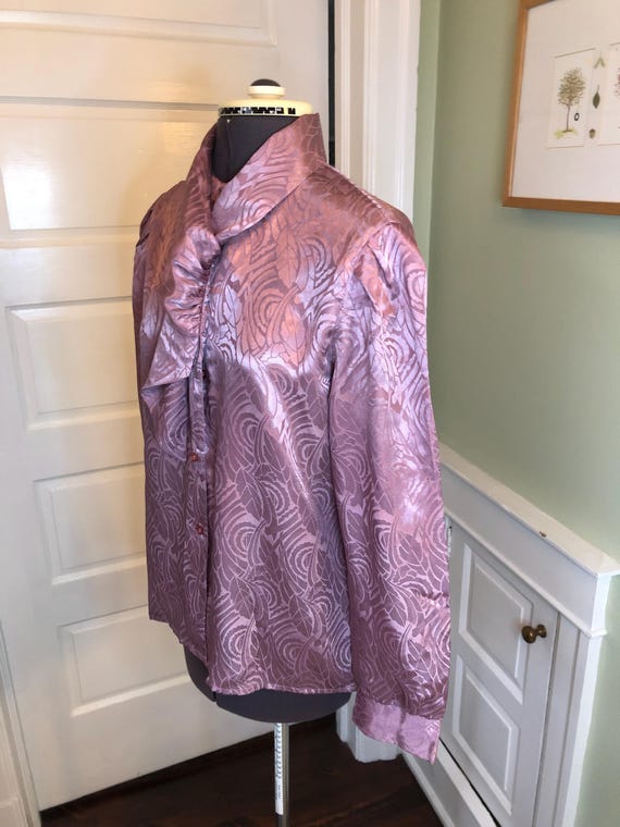 70s Leaf Patterned Polyester Satin Lavender Long … - image 3