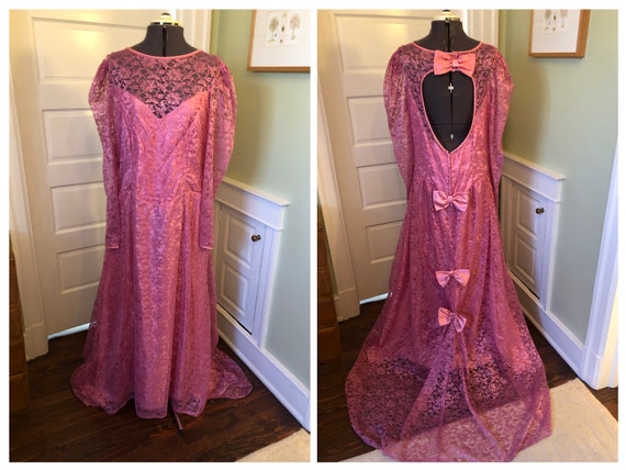 90s Pink Lace Long Sleeved Prom Dress or Formal w… - image 1