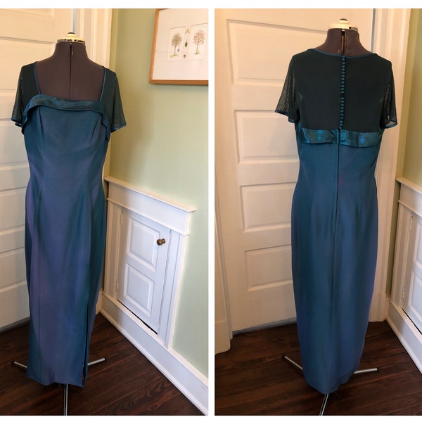 90s Teal and Blue Crepe Prom Dress or Formal Gown with Sheer Upper Bodice and Cap Sleeves by Alfred Angelo | Size Extra Large