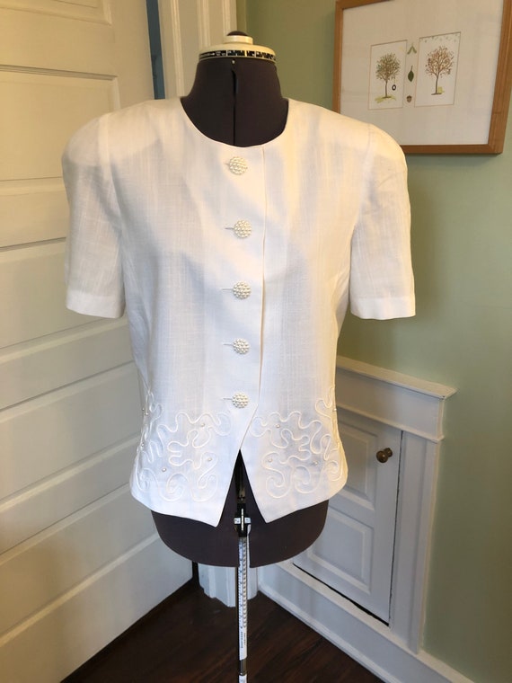 80s White Linen Look Short Sleeved Dressy Blazer … - image 2