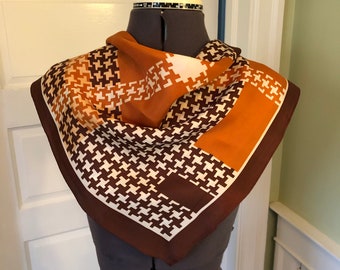 Vintage Acetate Brown and Gold Geometric Square Scarf, Made in Japan |  23" x 23.5"