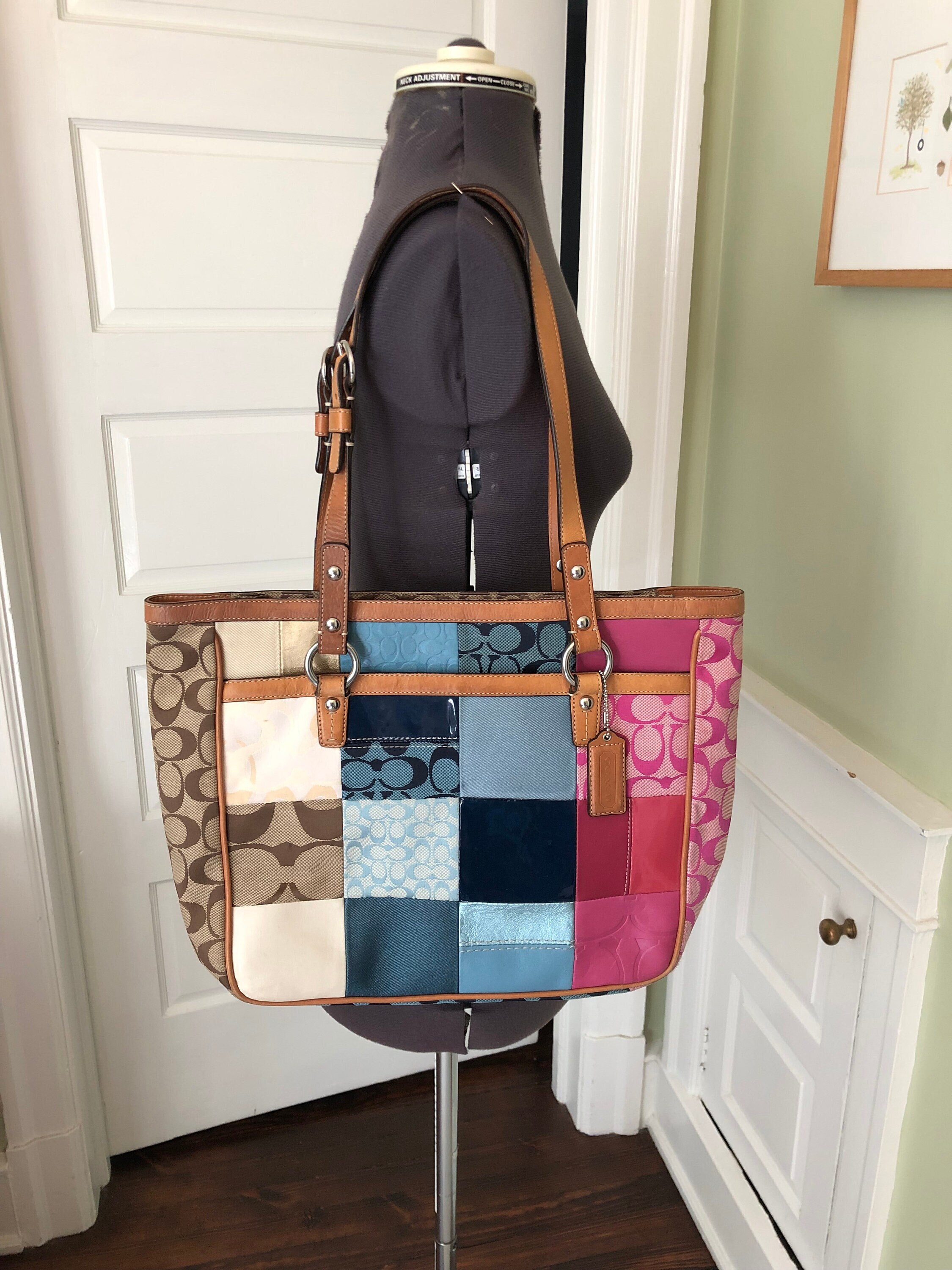 Vintage Large Patchwork Blue, Pink and Brown Hand or Shoulder Bag