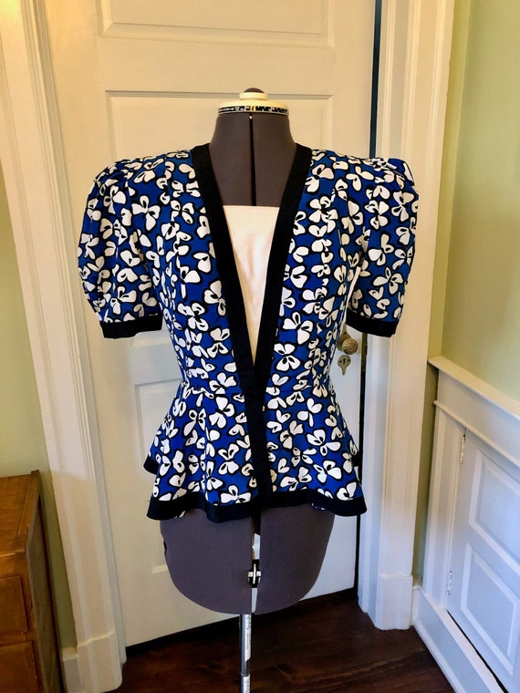 80s Royal Blue, White and Black Top with Short Sle