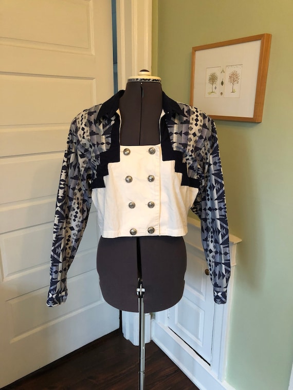 80s Panhandle Slim Navy and Ivory Patterned Cotton Crop Blazer of Western Shirt with Decorative Metal Double Breasted Closure | Size Large