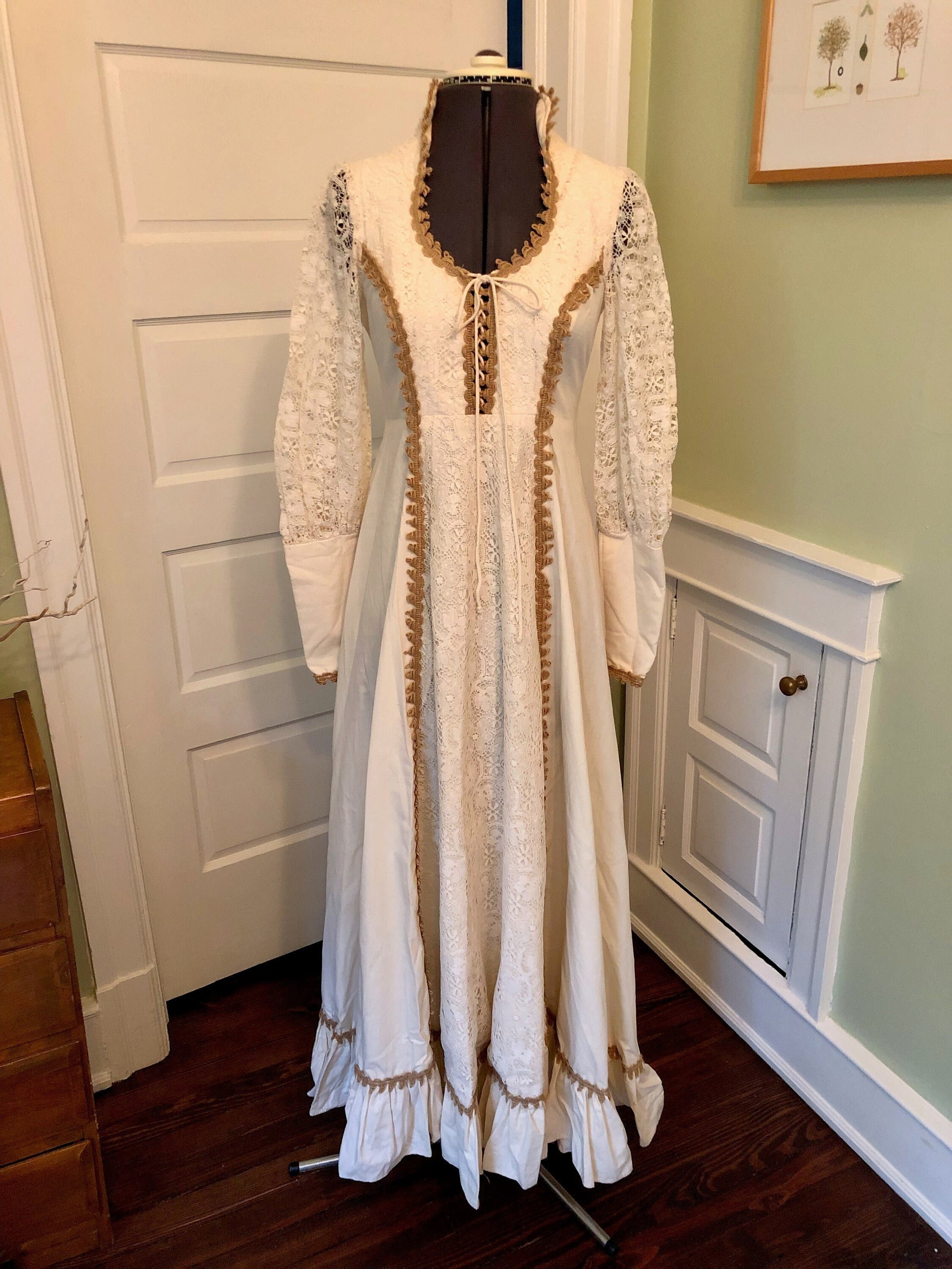 70s Gunne Sax Long Sleeved Ivory Prairie Prom Dress With Lace and