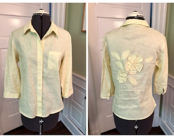 Vintage Yellow Linen 3/4 Sleeved Button Down Blouse with Patch Breast Pocket and Back Appliqued Flowers by Carol Little | Size Medium