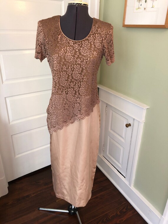 80s Gold Satin and Lace Short Sleeved Midi Formal 