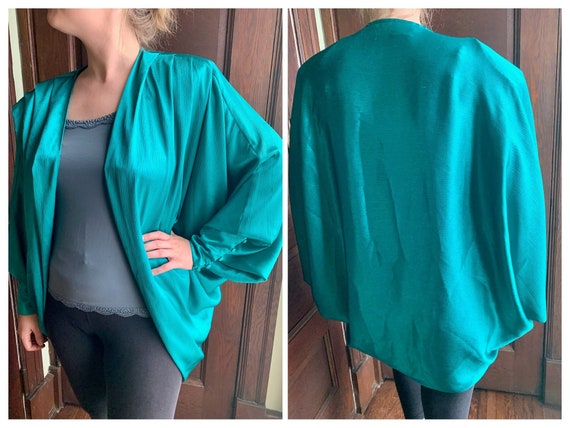 80s Unique Dramatic Emerald Green Crinkle Satin E… - image 3