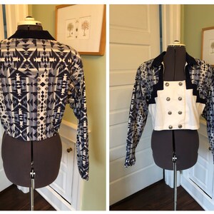80s Panhandle Slim Navy and Ivory Patterned Cotton Crop Blazer of Western Shirt with Decorative Metal Double Breasted Closure | Size Large image 2