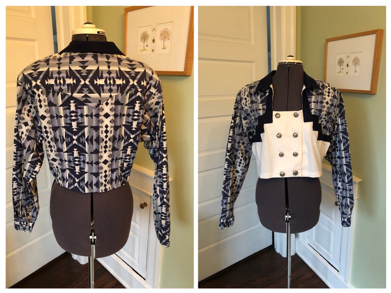 80s Panhandle Slim Navy and Ivory Patterned Cotton Crop Blazer of Western Shirt with Decorative Metal Double Breasted Closure | Size Large image 2