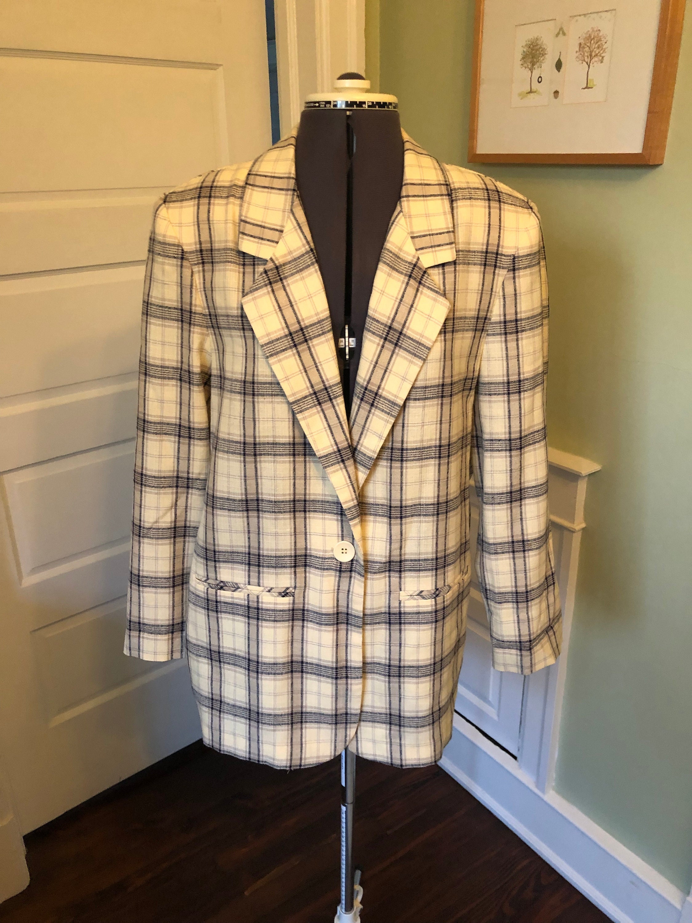 80s Pale Yellow and Navy Plaid Summer Long Sleeved Blazer With