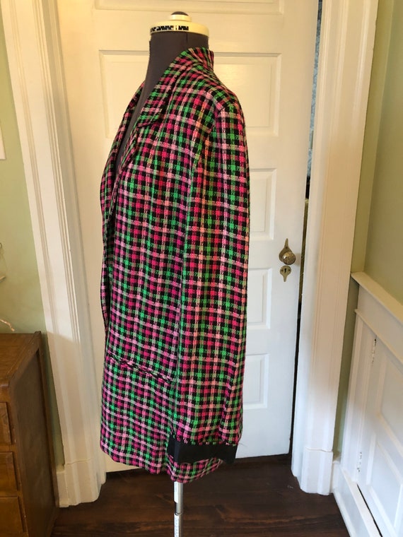 90s Rayon Pink, Green and Black Plaid Long Sleeve… - image 4