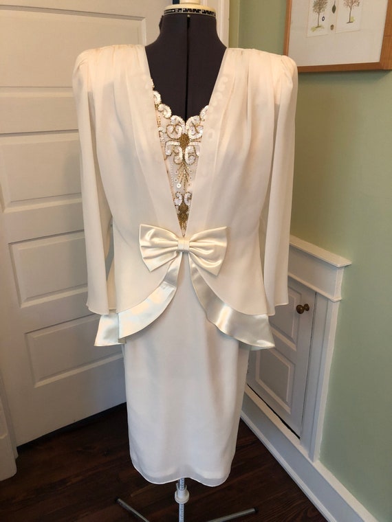 80s Off-White Crepe Chiffon Long Sleeved Dress wi… - image 2