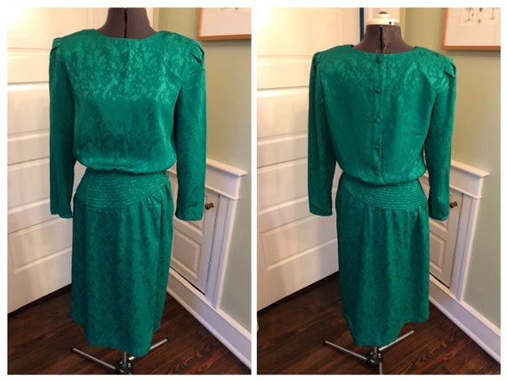 80s Emerald Green Polyester Long Sleeved Dress wi… - image 1