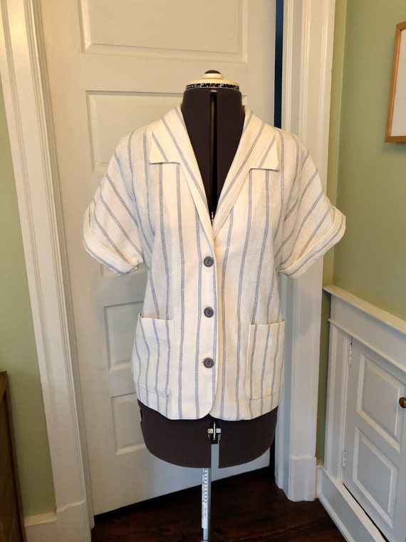 70s Blue Striped Short Sleeved Button Down Blazer… - image 1