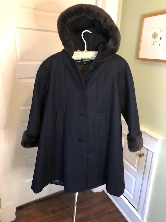 80s Black Wool Hooded Dress Coat With Faux Fur Hood Trim and Cuffs
