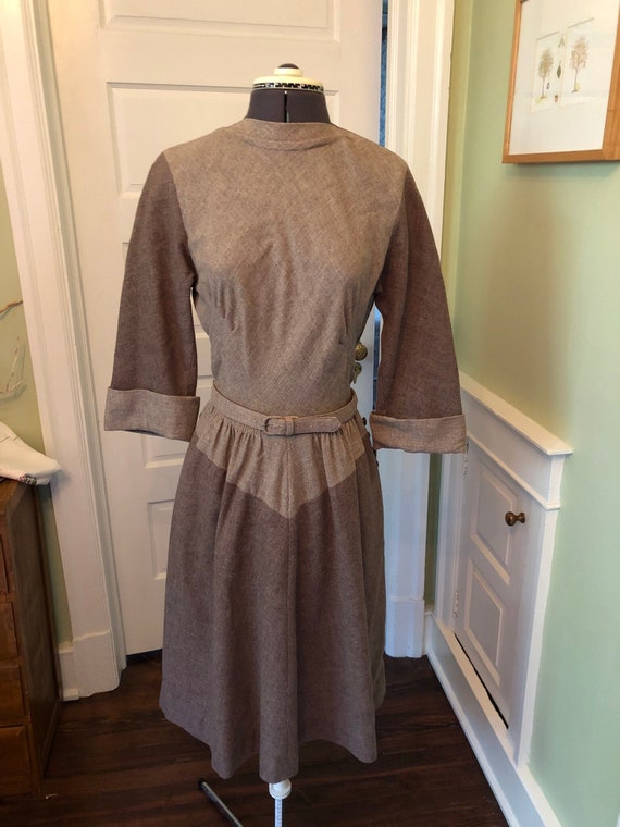 Buy 50s R & K Original Taupe Brown Belted Wool Dress W/ 3/4  