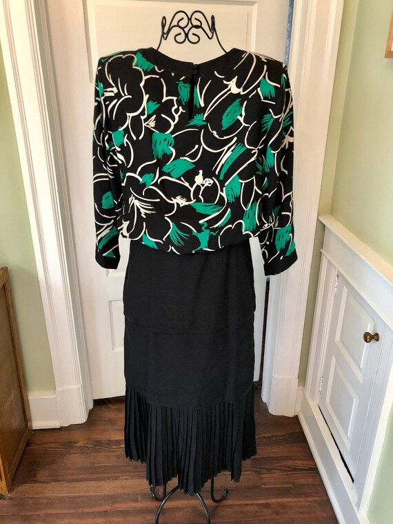 80s Black and Green Silk Dress with Blouson Bodic… - image 2