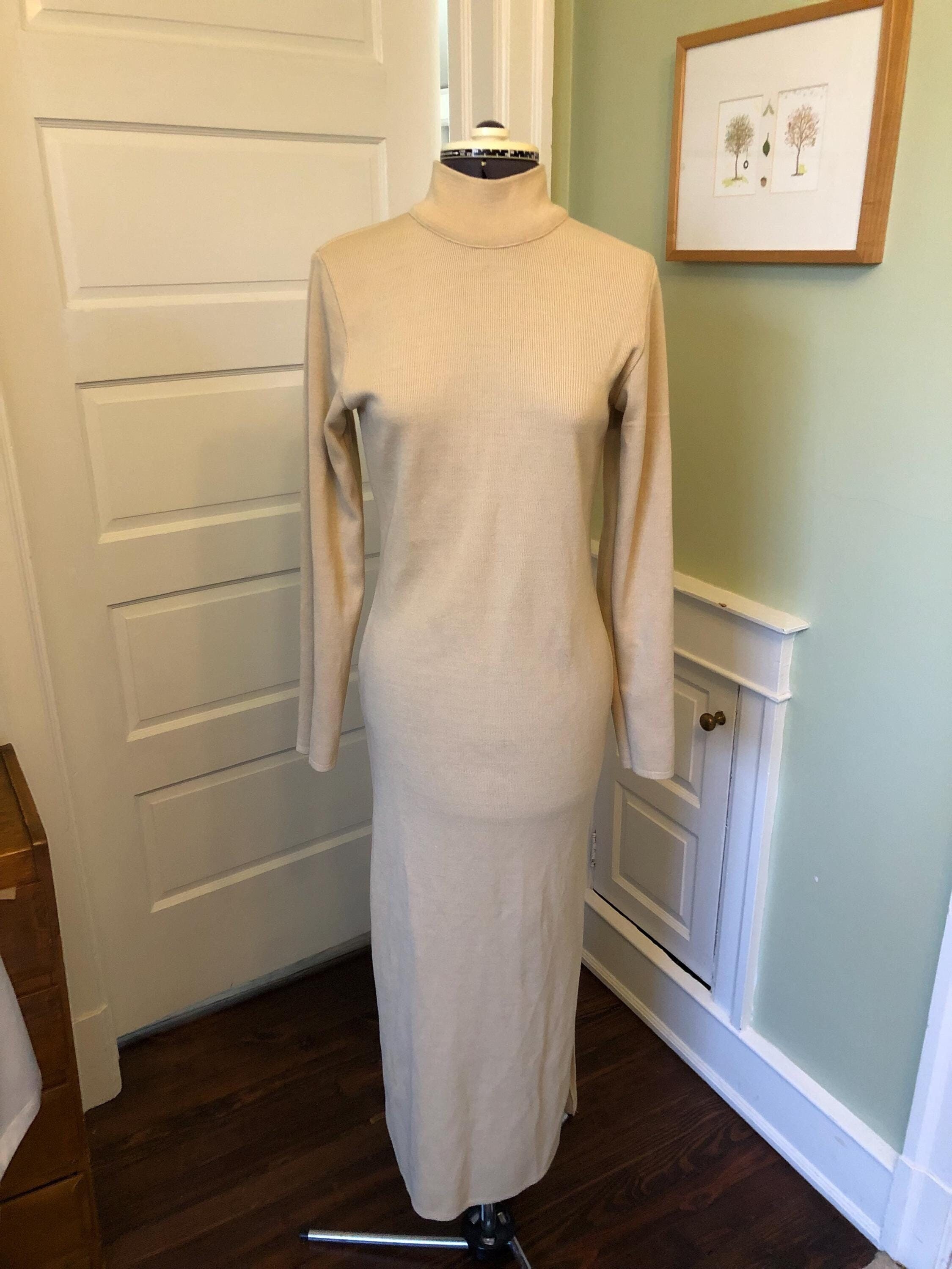 70s Tan Acrylic and Merino Wool Knit Mockneck Long Sleeved Sweater Dress With Side Slit by Le Petit Baigneur | Size Medium - Etsy Israel 70s Tan Acrylic and Merino Wool Knit Mockneck Long Sleeved Sweater Dress With Side Slit by Le Petit Baigneur | Size Medium - Etsy Israel